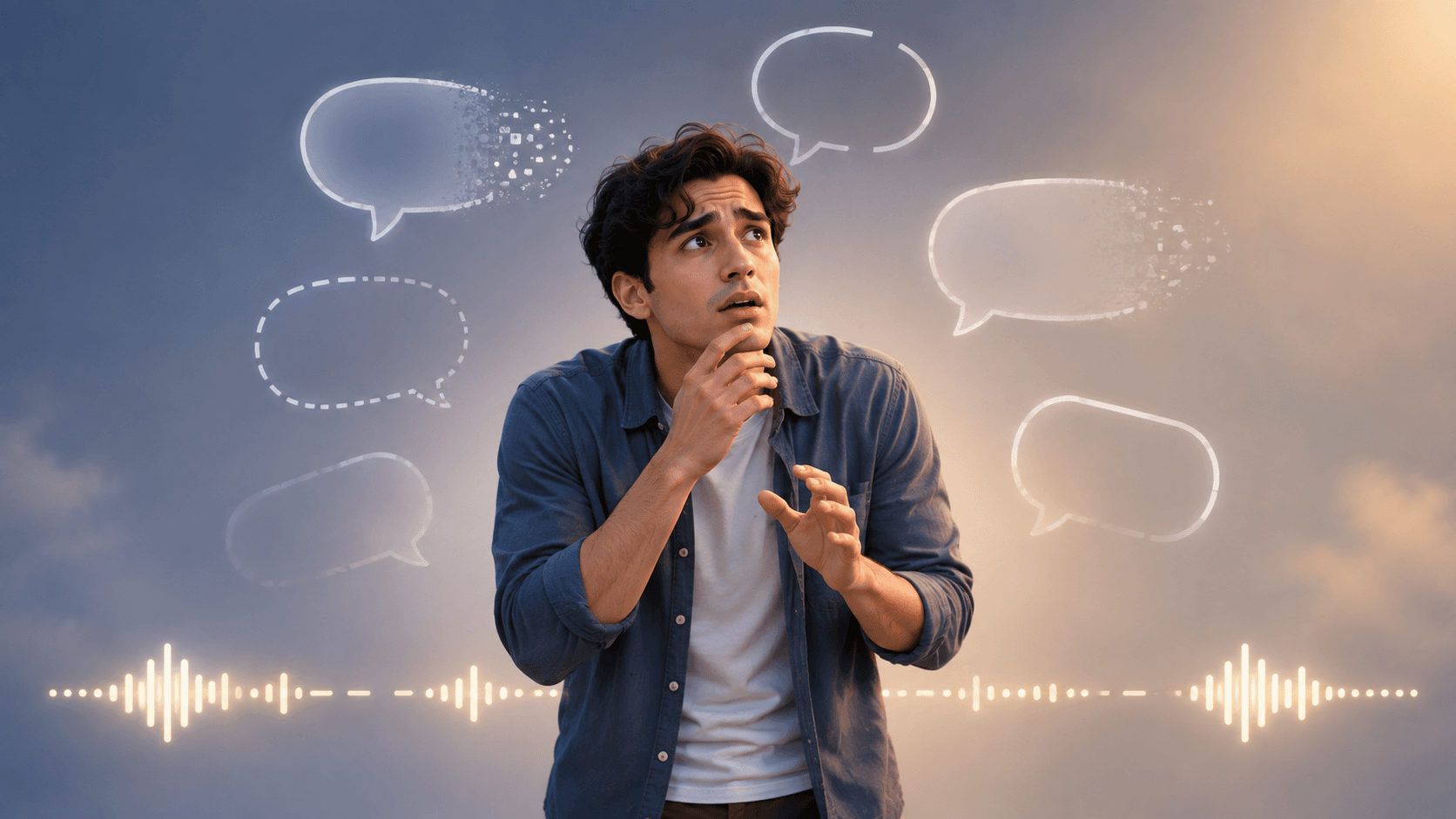 A learner surrounded by half-formed sentences, none of them finished