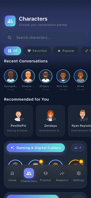 The Gabfest Characters screen, listing conversation partners to choose from along with recent conversations