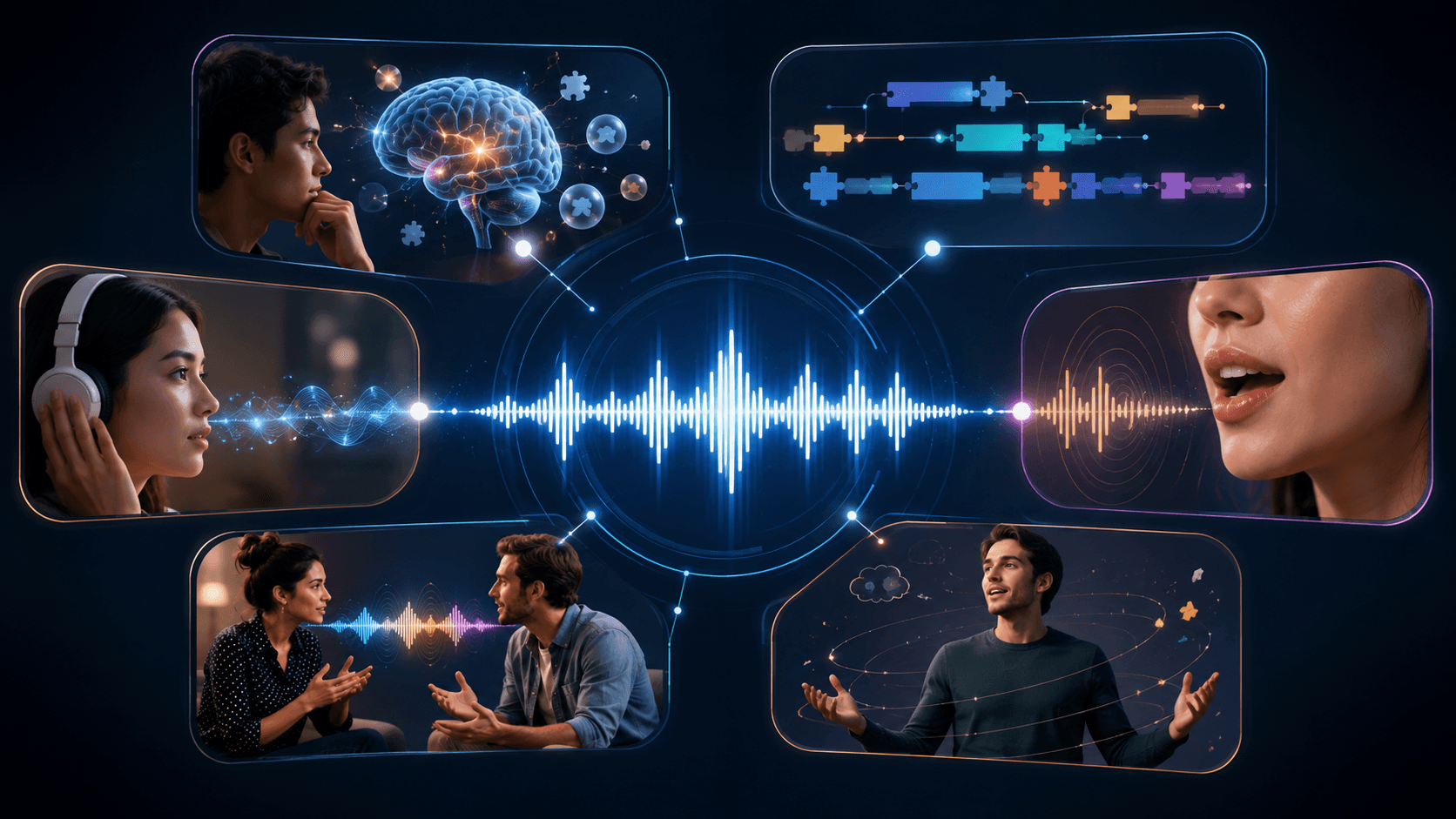 Six panels arranged around a central voice waveform, all connected to it at once
